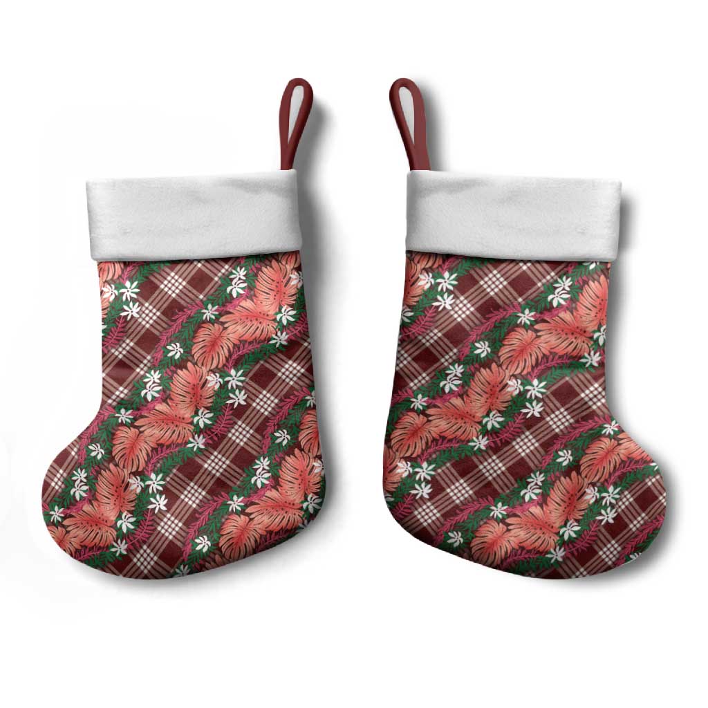 Polynesian Monstera Tiare Floral Christmas Stocking Burgundy Tropical Plaid - Polynesian Pride