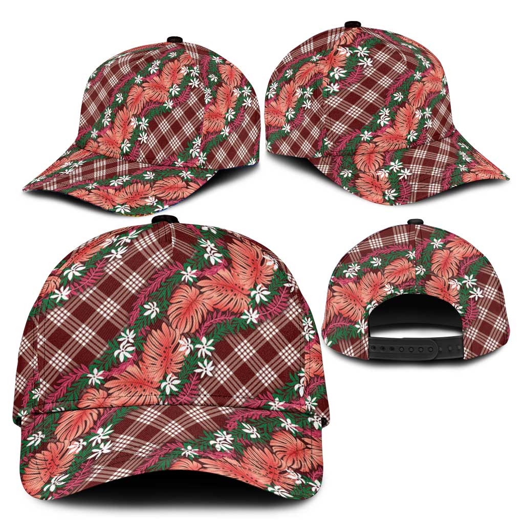 Polynesian Monstera Tiare Floral Classic Cap Burgundy Tropical Plaid - Polynesian Pride