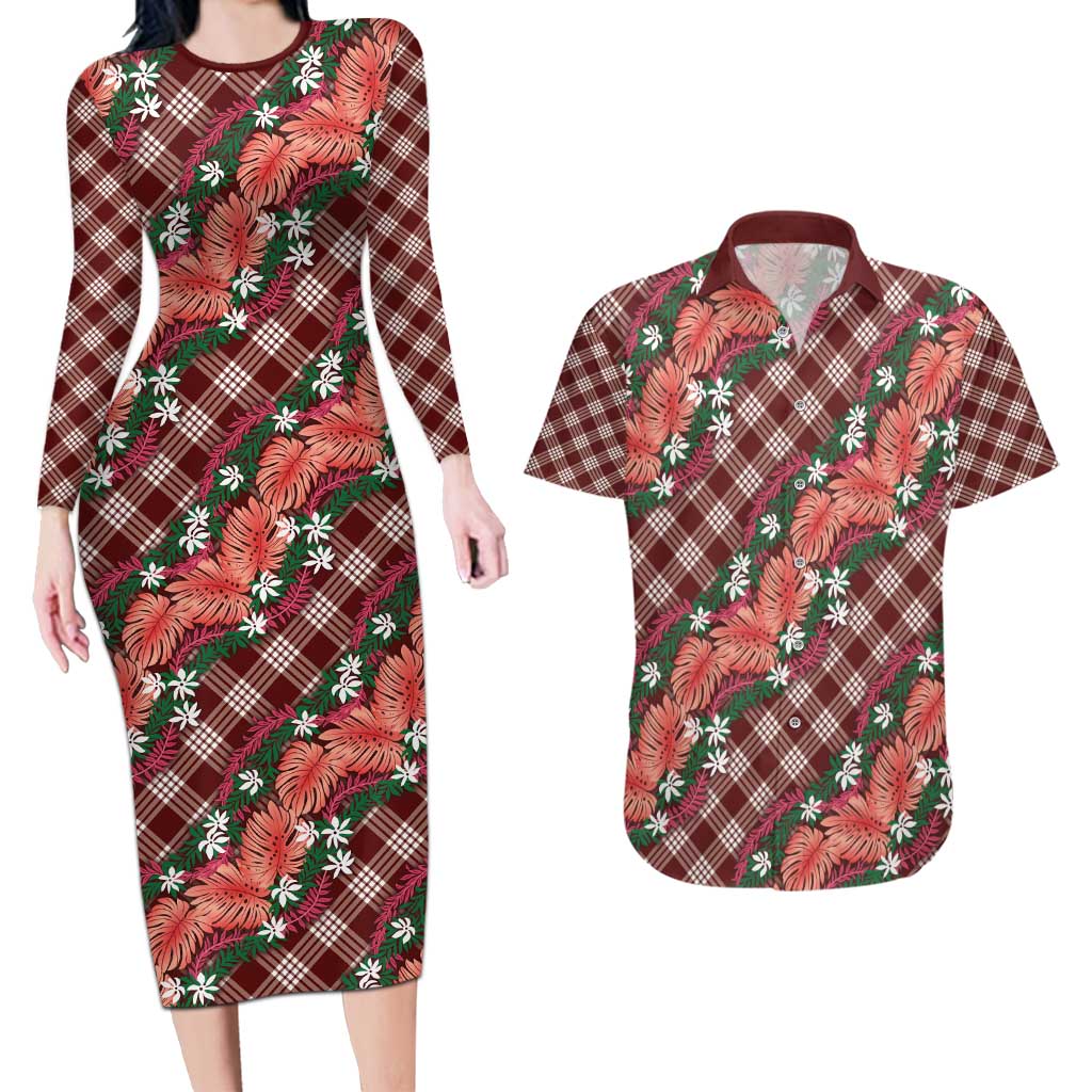 Polynesian Monstera Tiare Floral Couples Matching Long Sleeve Bodycon Dress and Hawaiian Shirt Burgundy Tropical Plaid - Polynesian Pride