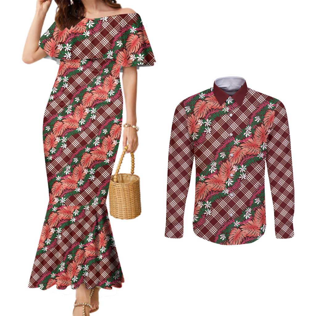 Polynesian Monstera Tiare Floral Couples Matching Mermaid Dress and Long Sleeve Button Shirt Burgundy Tropical Plaid LT01 Red - Polynesian Pride