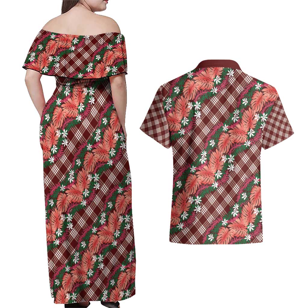 Polynesian Monstera Tiare Floral Couples Matching Off Shoulder Maxi Dress and Hawaiian Shirt Burgundy Tropical Plaid - Polynesian Pride