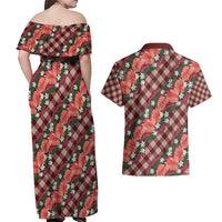 Polynesian Monstera Tiare Floral Couples Matching Off Shoulder Maxi Dress and Hawaiian Shirt Burgundy Tropical Plaid - Polynesian Pride