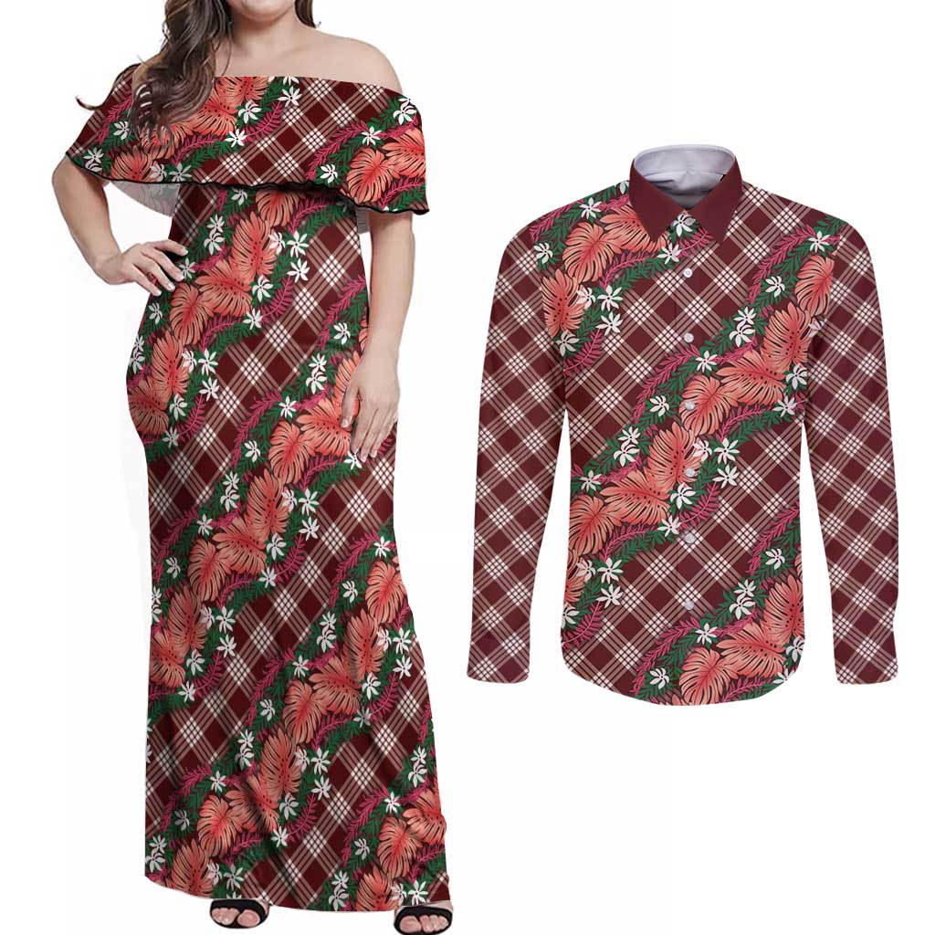 Polynesian Monstera Tiare Floral Couples Matching Off Shoulder Maxi Dress and Long Sleeve Button Shirt Burgundy Tropical Plaid LT01 Red - Polynesian Pride