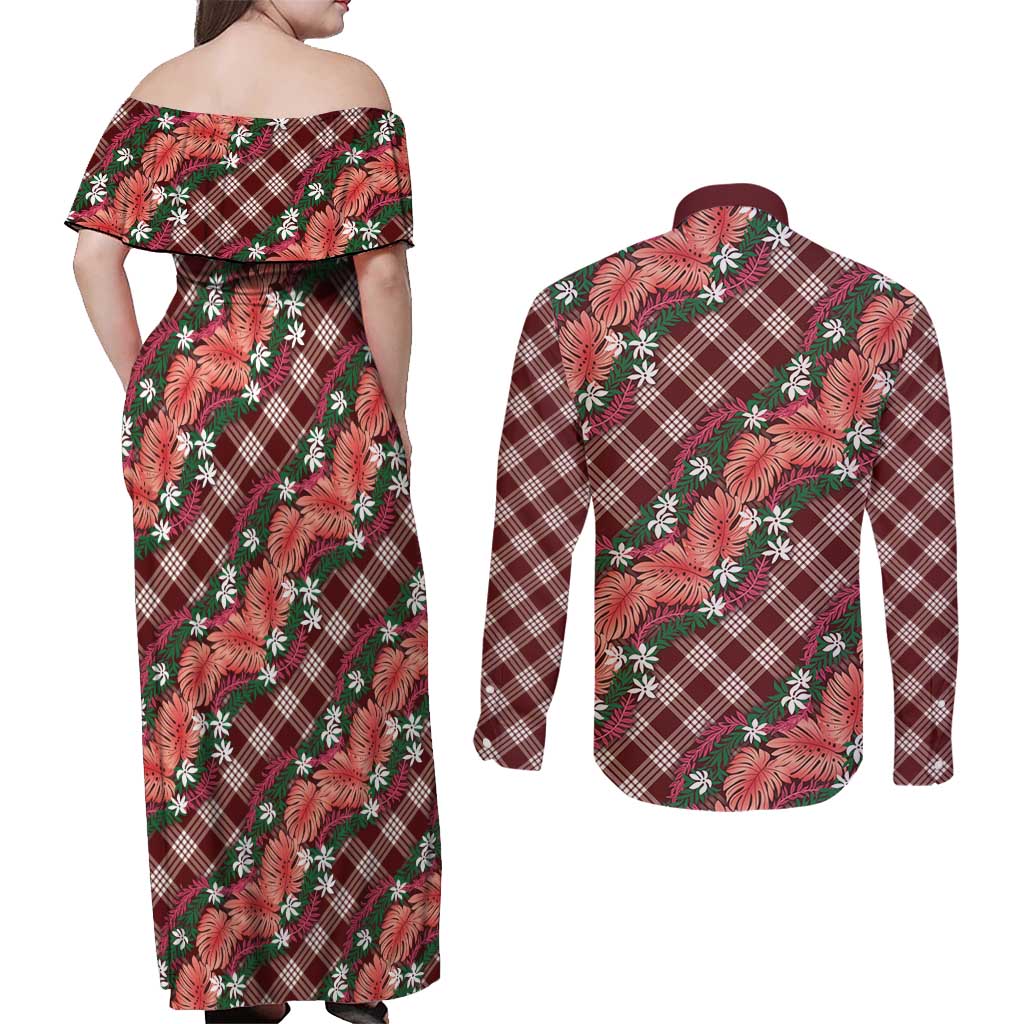 Polynesian Monstera Tiare Floral Couples Matching Off Shoulder Maxi Dress and Long Sleeve Button Shirt Burgundy Tropical Plaid - Polynesian Pride