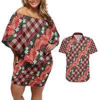 Polynesian Monstera Tiare Floral Couples Matching Off Shoulder Short Dress and Hawaiian Shirt Burgundy Tropical Plaid - Polynesian Pride