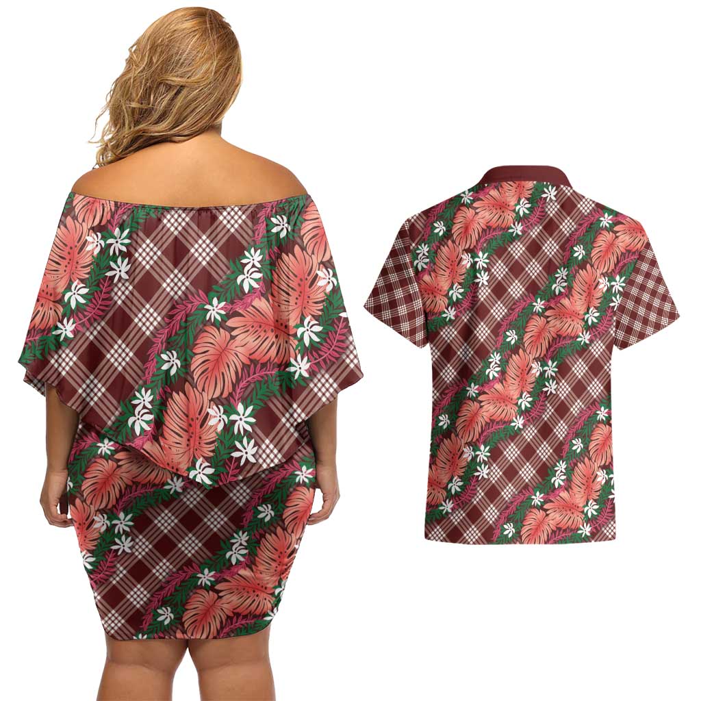 Polynesian Monstera Tiare Floral Couples Matching Off Shoulder Short Dress and Hawaiian Shirt Burgundy Tropical Plaid - Polynesian Pride