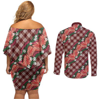 Polynesian Monstera Tiare Floral Couples Matching Off Shoulder Short Dress and Long Sleeve Button Shirt Burgundy Tropical Plaid - Polynesian Pride