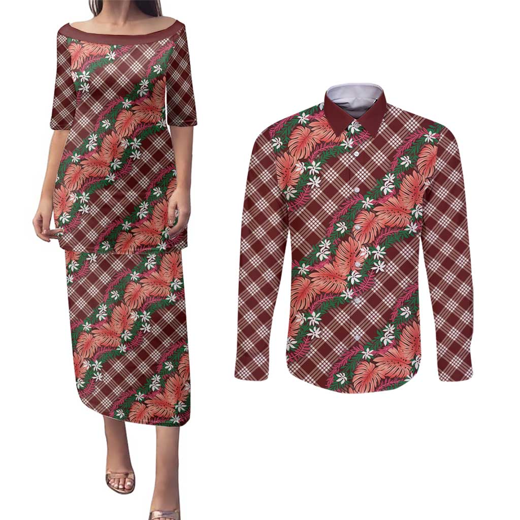 Polynesian Monstera Tiare Floral Couples Matching Puletasi and Long Sleeve Button Shirt Burgundy Tropical Plaid LT01 Red - Polynesian Pride
