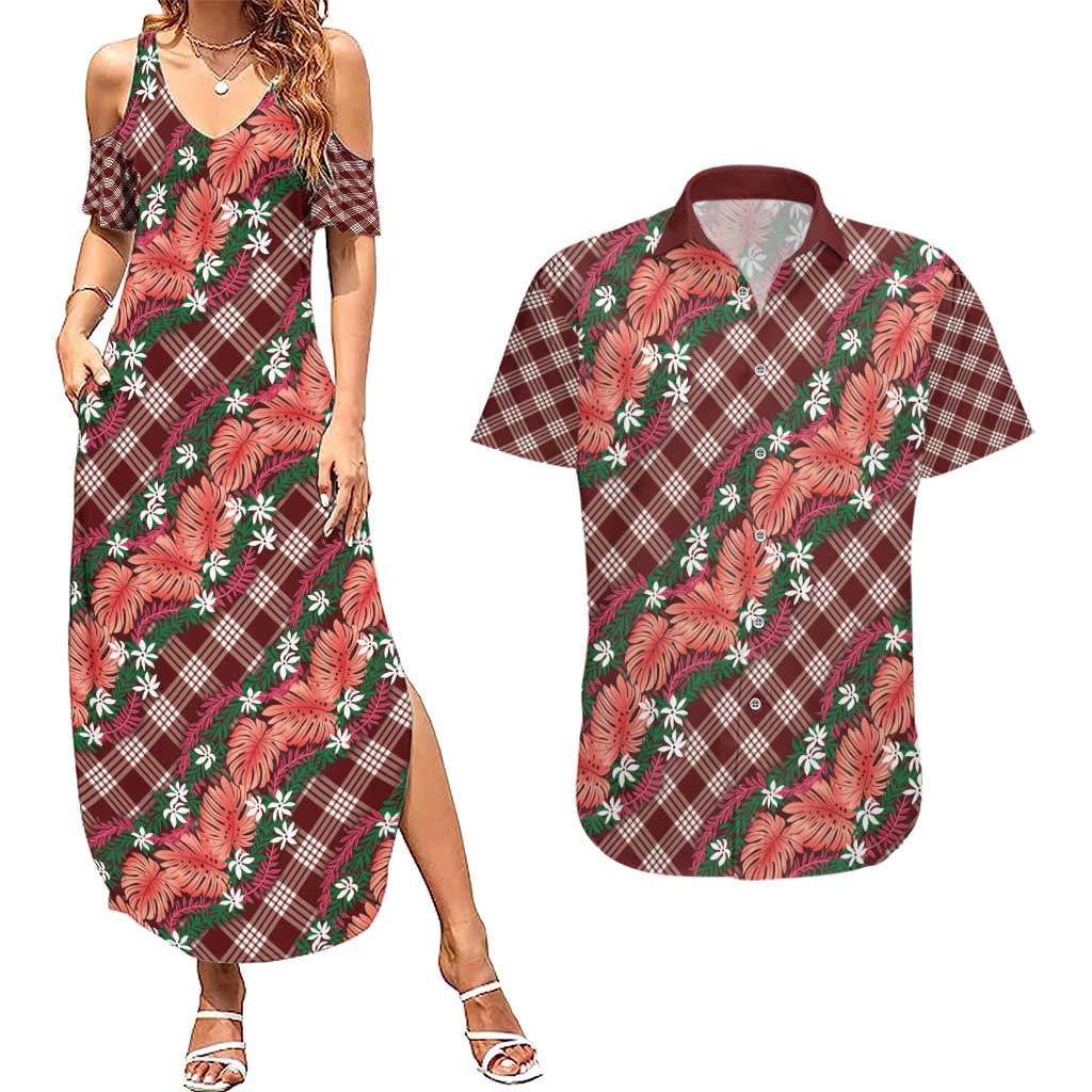 Polynesian Monstera Tiare Floral Couples Matching Summer Maxi Dress and Hawaiian Shirt Burgundy Tropical Plaid - Polynesian Pride