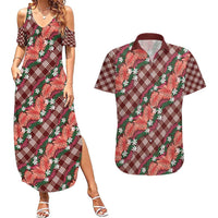 Polynesian Monstera Tiare Floral Couples Matching Summer Maxi Dress and Hawaiian Shirt Burgundy Tropical Plaid - Polynesian Pride
