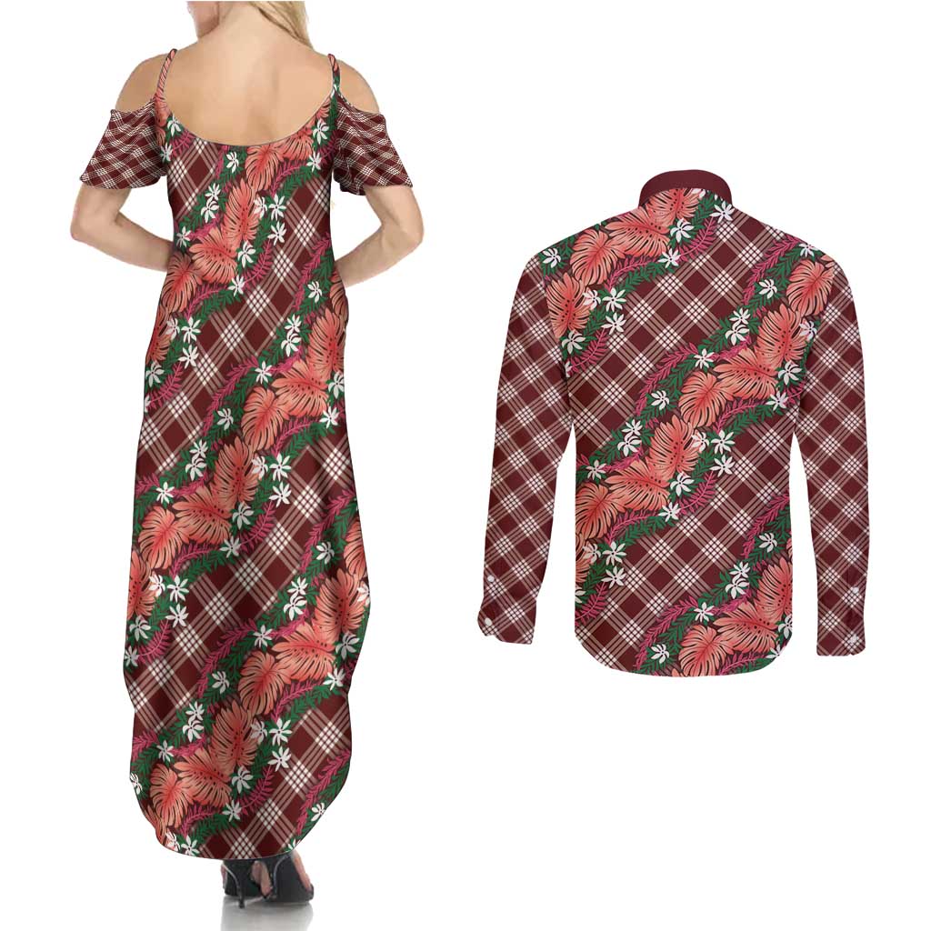 Polynesian Monstera Tiare Floral Couples Matching Summer Maxi Dress and Long Sleeve Button Shirt Burgundy Tropical Plaid - Polynesian Pride