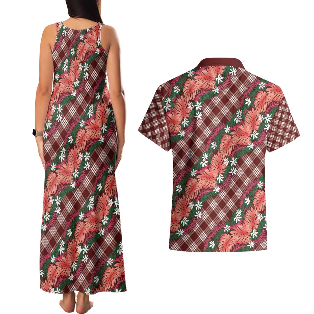Polynesian Monstera Tiare Floral Couples Matching Tank Maxi Dress and Hawaiian Shirt Burgundy Tropical Plaid - Polynesian Pride