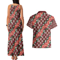 Polynesian Monstera Tiare Floral Couples Matching Tank Maxi Dress and Hawaiian Shirt Burgundy Tropical Plaid - Polynesian Pride