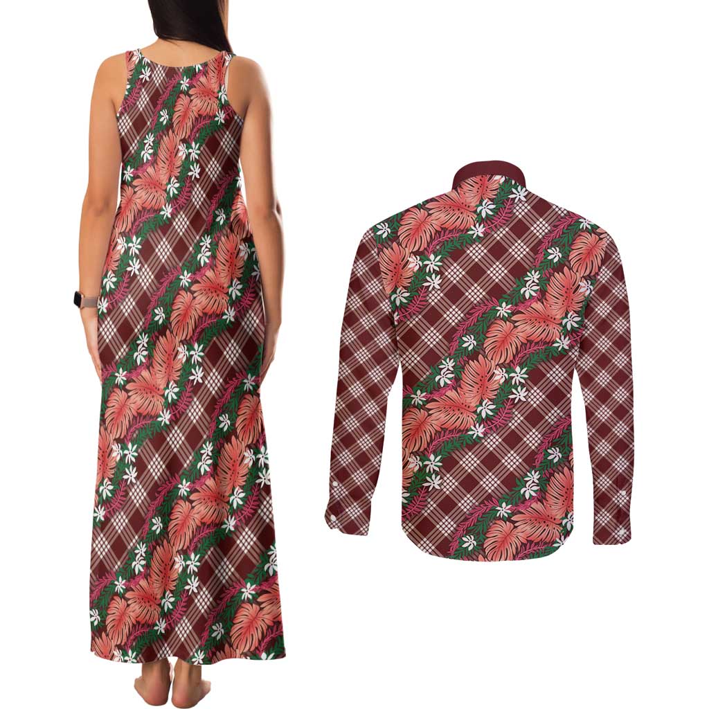 Polynesian Monstera Tiare Floral Couples Matching Tank Maxi Dress and Long Sleeve Button Shirt Burgundy Tropical Plaid - Polynesian Pride