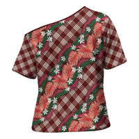 Polynesian Monstera Tiare Floral Cross Shoulder Shirt Burgundy Tropical Plaid - Polynesian Pride