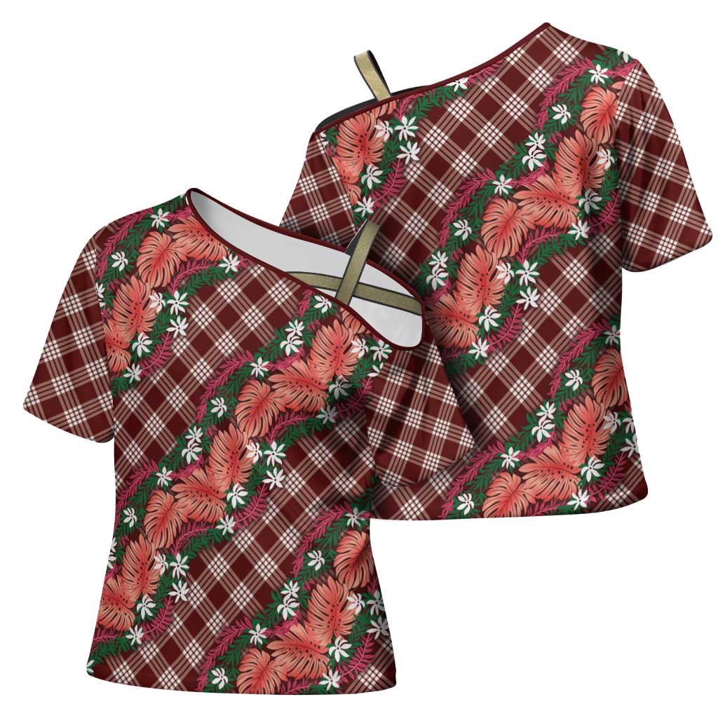 Polynesian Monstera Tiare Floral Cross Shoulder Shirt Burgundy Tropical Plaid - Polynesian Pride