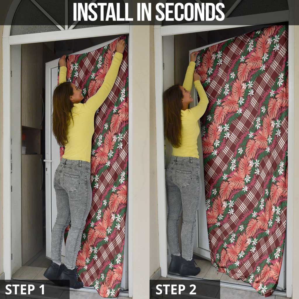 Polynesian Monstera Tiare Floral Door Cover Burgundy Tropical Plaid - Polynesian Pride