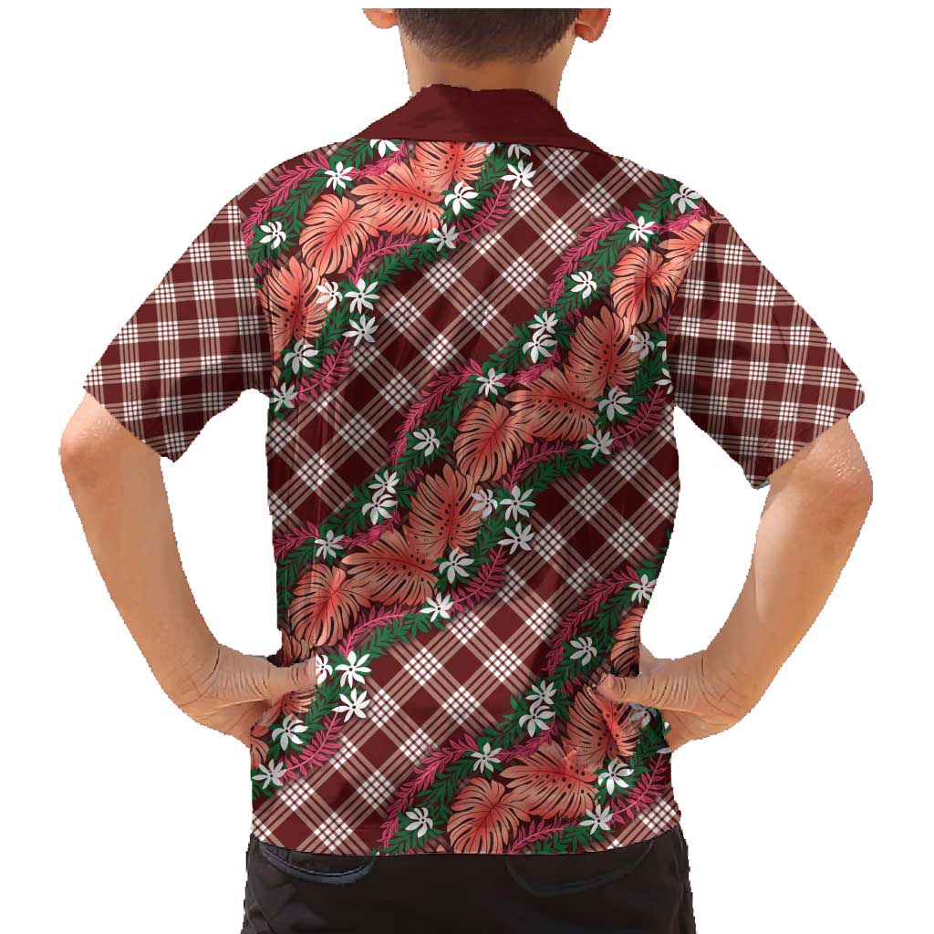Polynesian Monstera Tiare Floral Family Matching Mermaid Dress and Hawaiian Shirt Burgundy Tropical Plaid - Polynesian Pride
