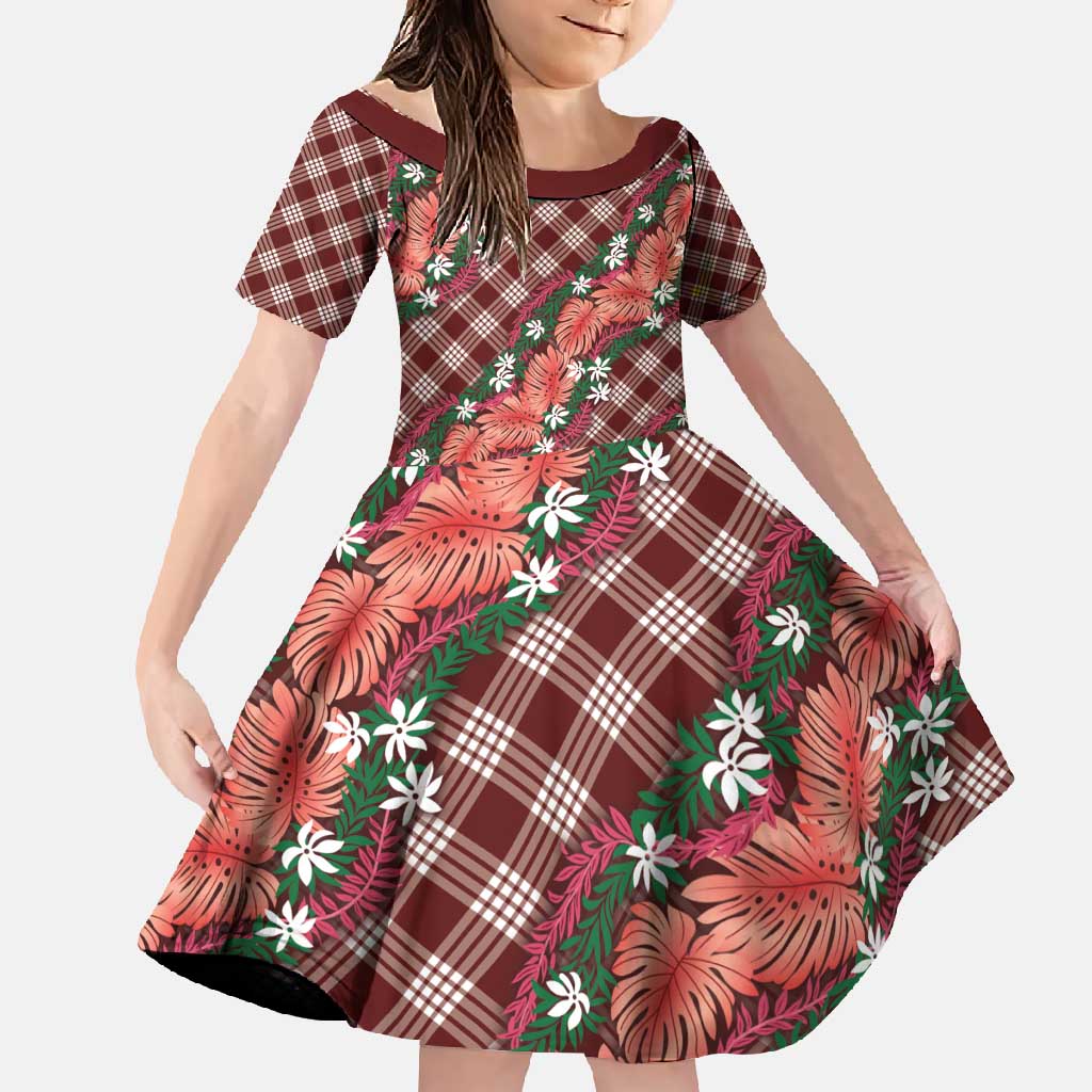 Polynesian Monstera Tiare Floral Family Matching Mermaid Dress and Hawaiian Shirt Burgundy Tropical Plaid - Polynesian Pride