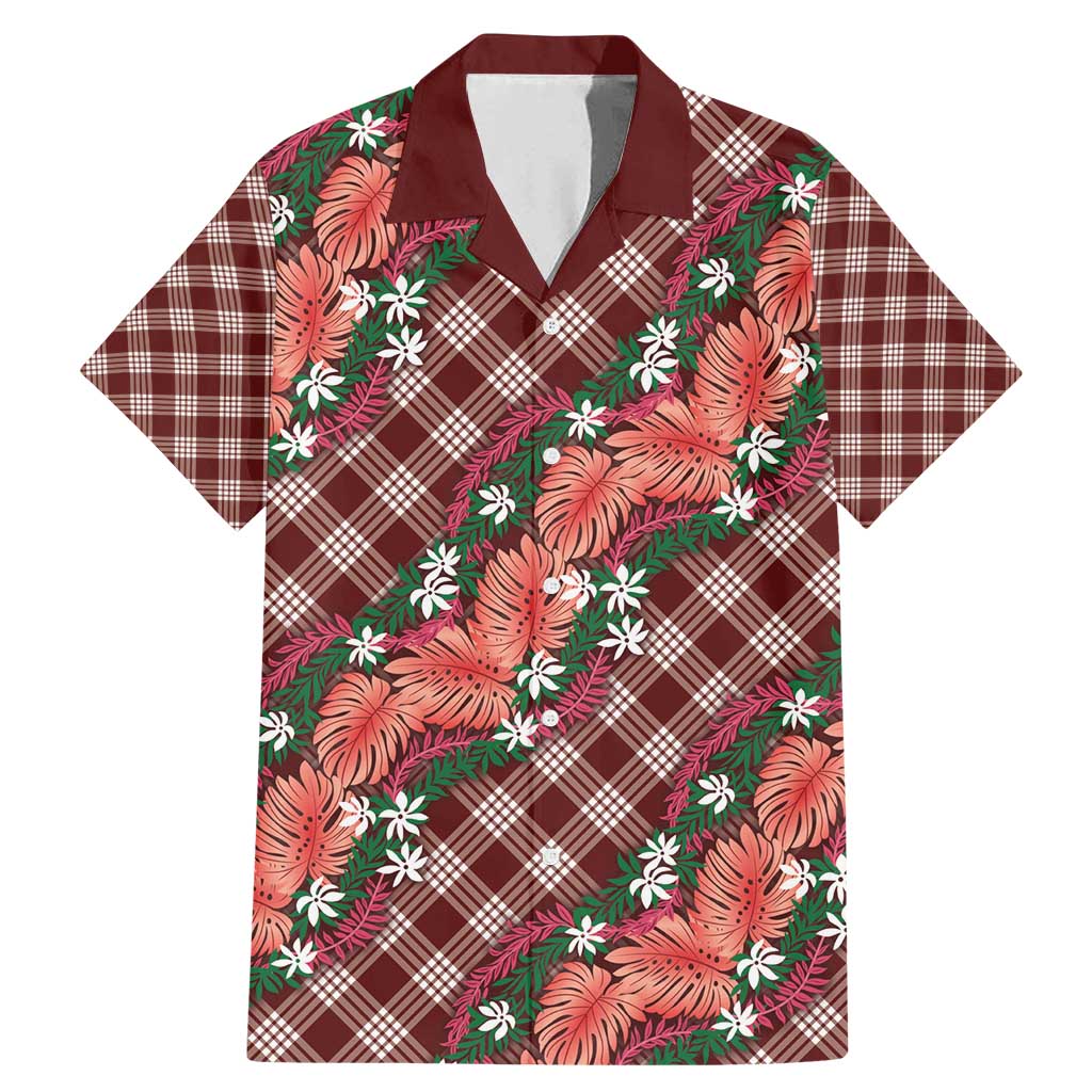 Polynesian Monstera Tiare Floral Family Matching Mermaid Dress and Hawaiian Shirt Burgundy Tropical Plaid - Polynesian Pride