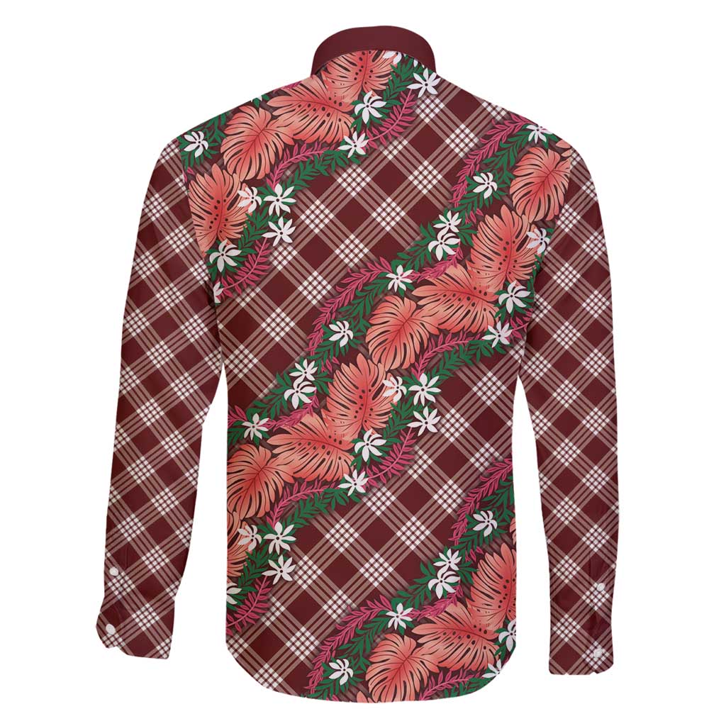 Polynesian Monstera Tiare Floral Family Matching Mermaid Dress and Hawaiian Shirt Burgundy Tropical Plaid - Polynesian Pride
