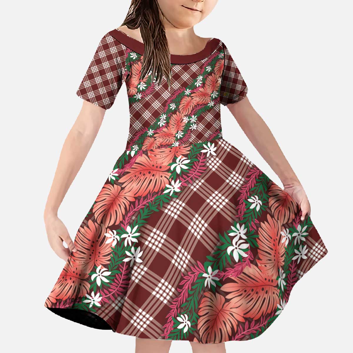 Polynesian Monstera Tiare Floral Family Matching Off The Shoulder Long Sleeve Dress and Hawaiian Shirt Burgundy Tropical Plaid - Polynesian Pride