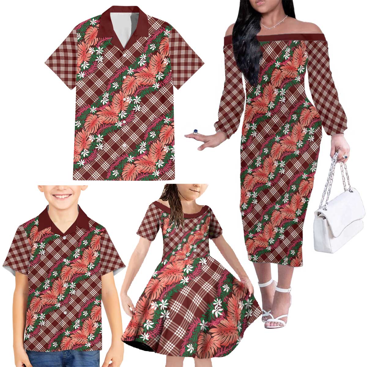 Polynesian Monstera Tiare Floral Family Matching Off The Shoulder Long Sleeve Dress and Hawaiian Shirt Burgundy Tropical Plaid LT01 - Polynesian Pride