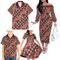 Polynesian Monstera Tiare Floral Family Matching Off The Shoulder Long Sleeve Dress and Hawaiian Shirt Burgundy Tropical Plaid - Polynesian Pride