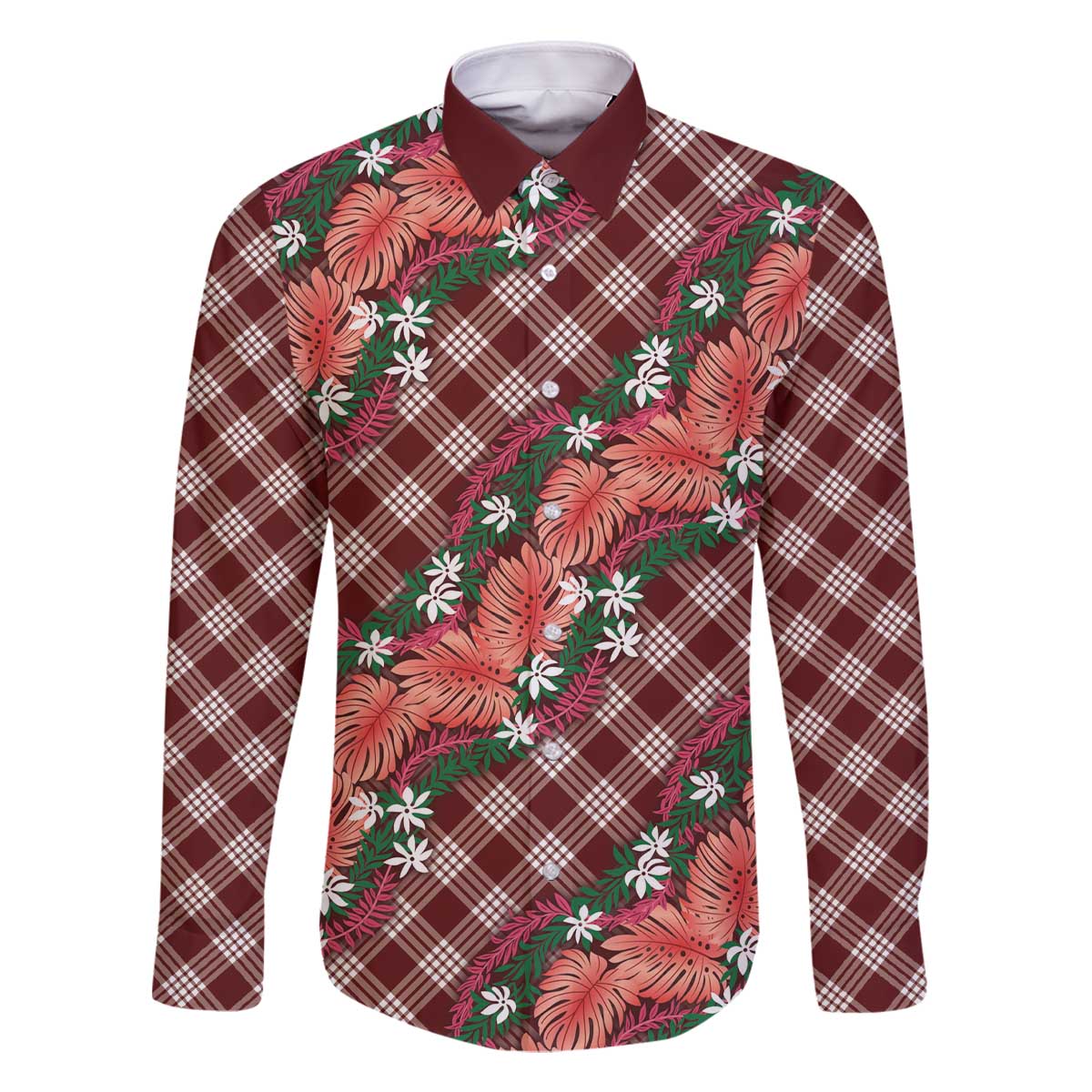 Polynesian Monstera Tiare Floral Family Matching Off The Shoulder Long Sleeve Dress and Hawaiian Shirt Burgundy Tropical Plaid - Polynesian Pride