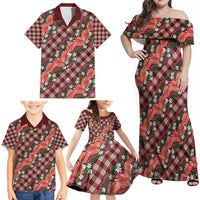 Polynesian Monstera Tiare Floral Family Matching Off Shoulder Maxi Dress and Hawaiian Shirt Burgundy Tropical Plaid - Polynesian Pride
