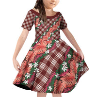 Polynesian Monstera Tiare Floral Family Matching Off Shoulder Short Dress and Hawaiian Shirt Burgundy Tropical Plaid - Polynesian Pride