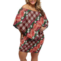 Polynesian Monstera Tiare Floral Family Matching Off Shoulder Short Dress and Hawaiian Shirt Burgundy Tropical Plaid - Polynesian Pride