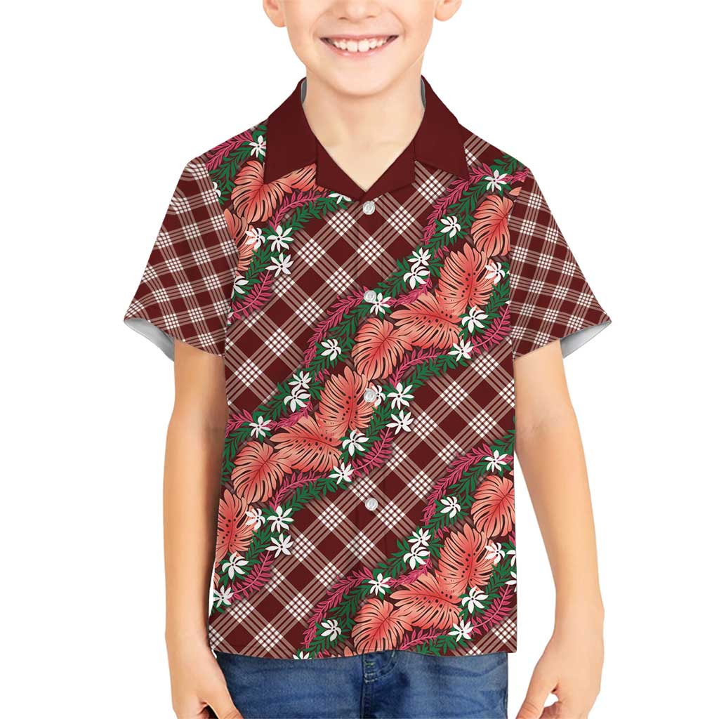Polynesian Monstera Tiare Floral Family Matching Off Shoulder Short Dress and Hawaiian Shirt Burgundy Tropical Plaid - Polynesian Pride