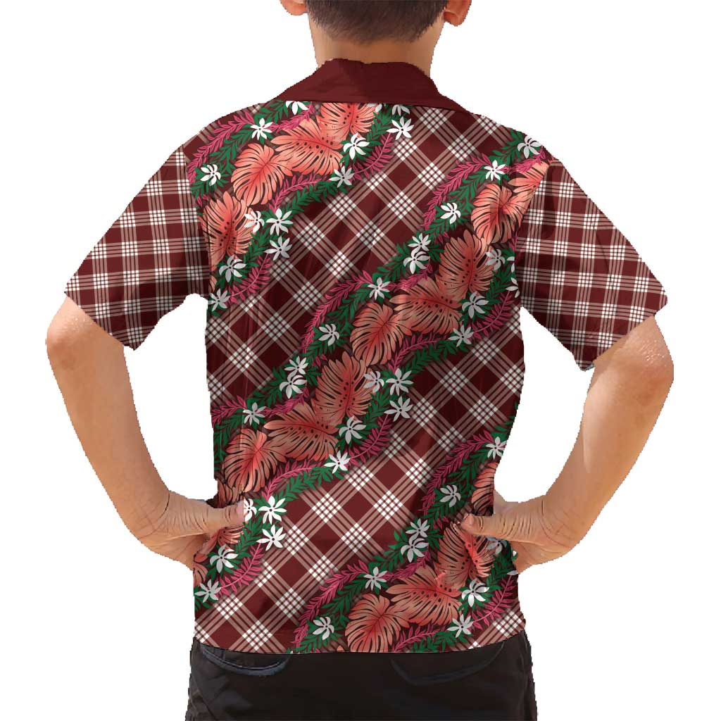 Polynesian Monstera Tiare Floral Family Matching Puletasi and Hawaiian Shirt Burgundy Tropical Plaid - Polynesian Pride