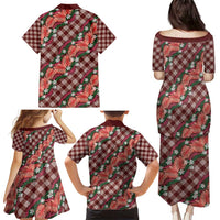 Polynesian Monstera Tiare Floral Family Matching Puletasi and Hawaiian Shirt Burgundy Tropical Plaid - Polynesian Pride