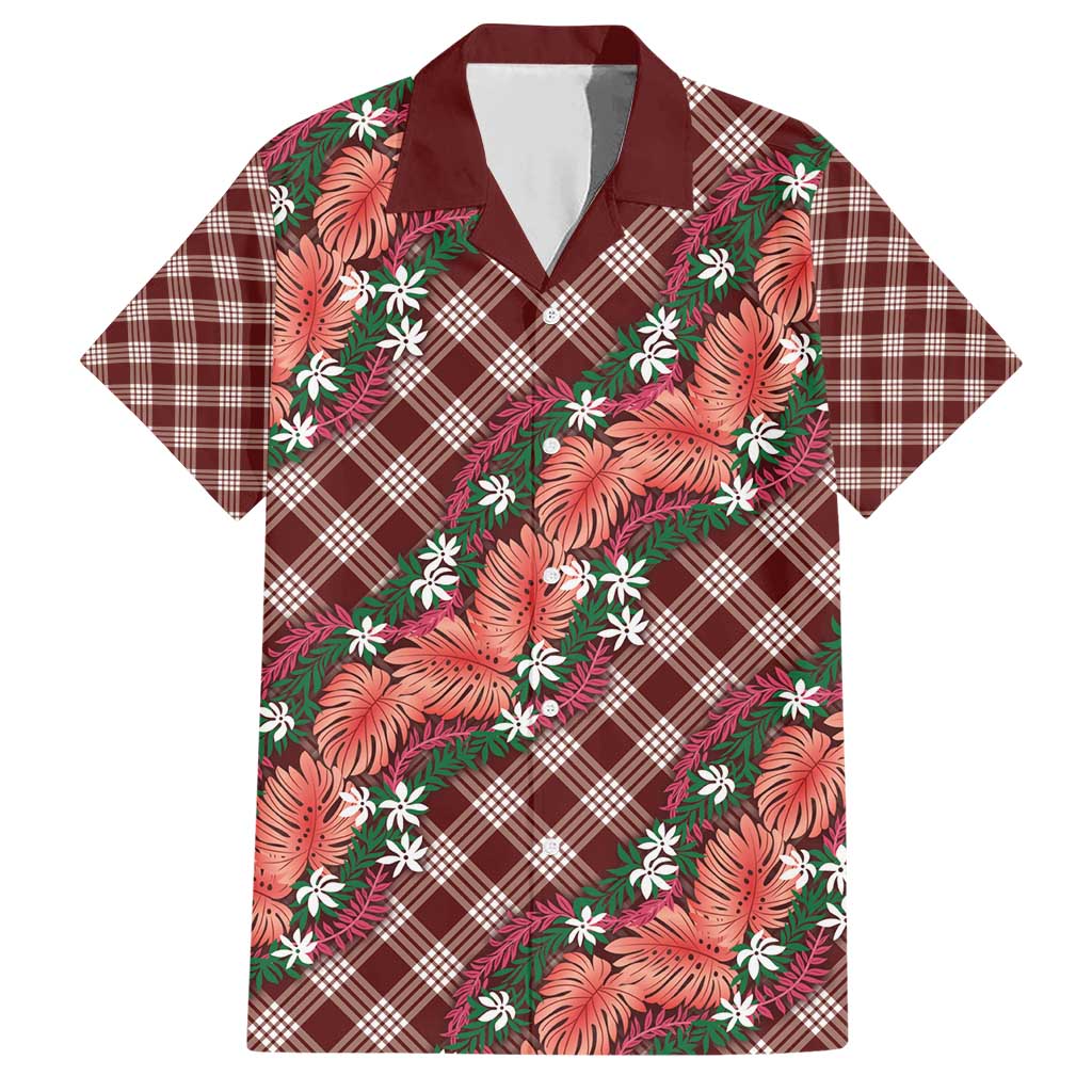 Polynesian Monstera Tiare Floral Family Matching Short Sleeve Bodycon Dress and Hawaiian Shirt Burgundy Tropical Plaid - Polynesian Pride