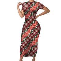 Polynesian Monstera Tiare Floral Family Matching Short Sleeve Bodycon Dress and Hawaiian Shirt Burgundy Tropical Plaid - Polynesian Pride