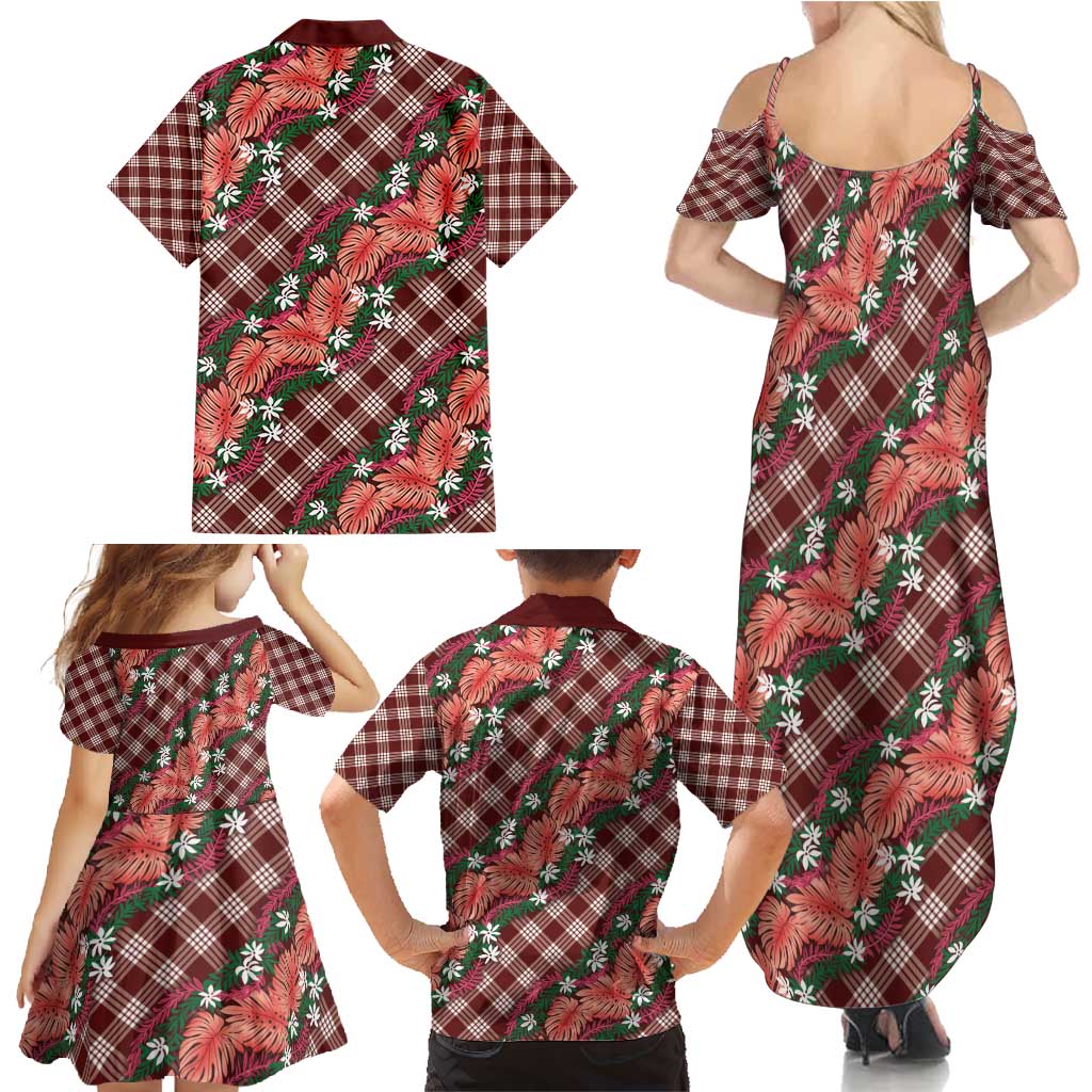 Polynesian Monstera Tiare Floral Family Matching Summer Maxi Dress and Hawaiian Shirt Burgundy Tropical Plaid - Polynesian Pride