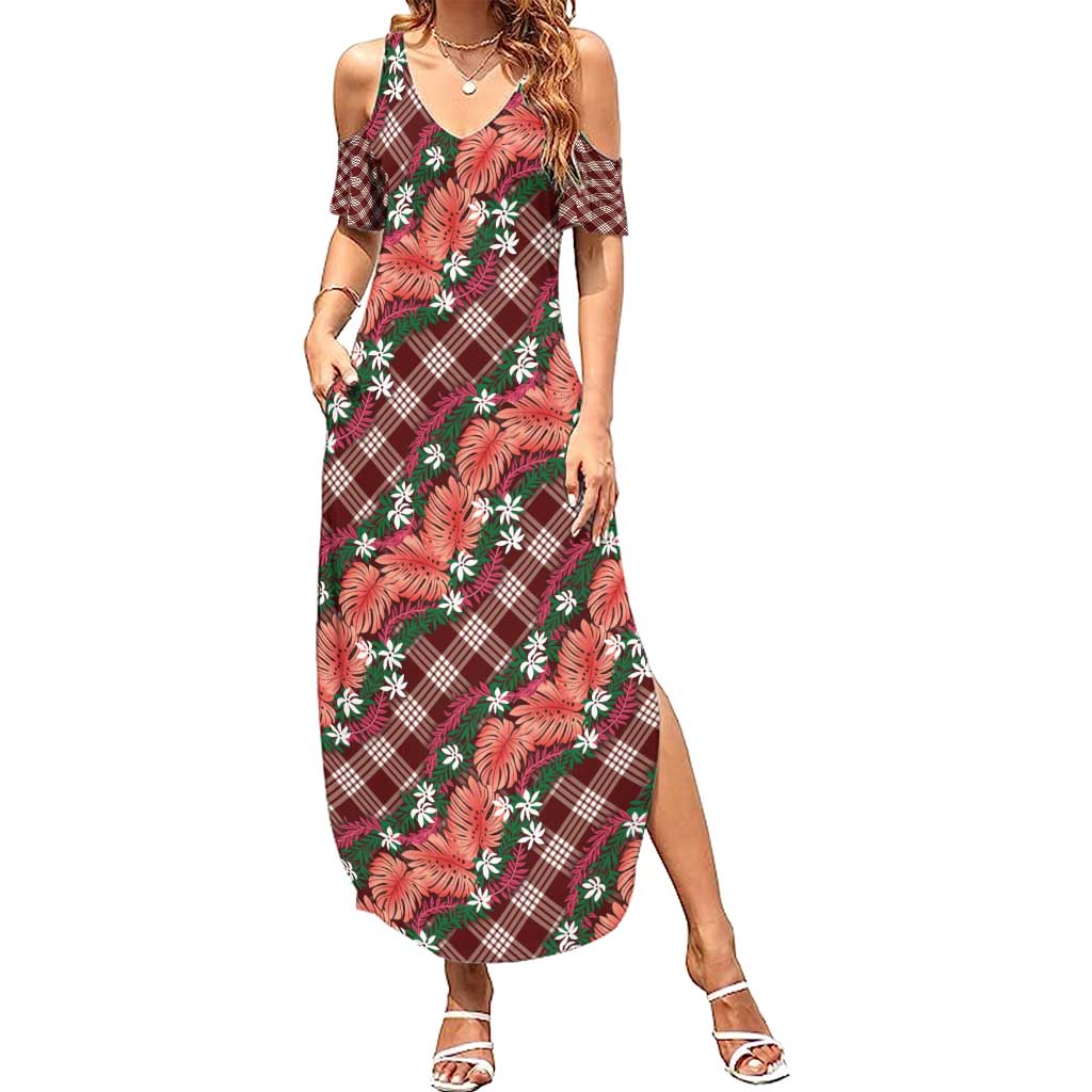 Polynesian Monstera Tiare Floral Family Matching Summer Maxi Dress and Hawaiian Shirt Burgundy Tropical Plaid - Polynesian Pride