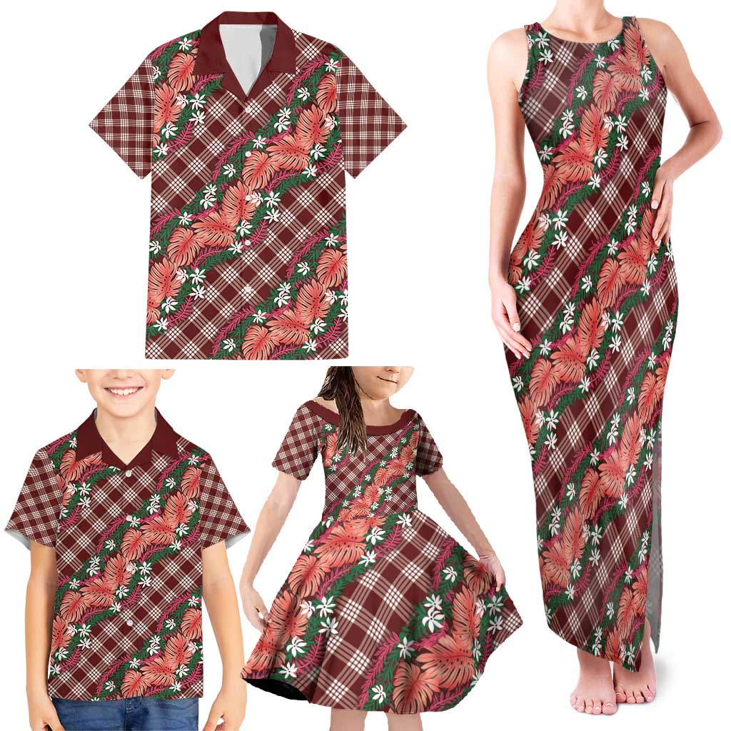 Polynesian Monstera Tiare Floral Family Matching Tank Maxi Dress and Hawaiian Shirt Burgundy Tropical Plaid LT01 - Polynesian Pride