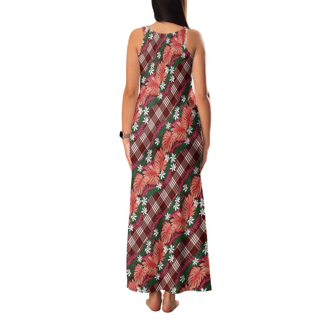 Polynesian Monstera Tiare Floral Family Matching Tank Maxi Dress and Hawaiian Shirt Burgundy Tropical Plaid - Polynesian Pride