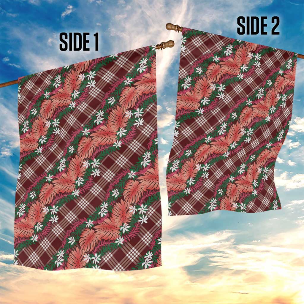 Polynesian Monstera Tiare Floral Garden Flag Burgundy Tropical Plaid - Polynesian Pride