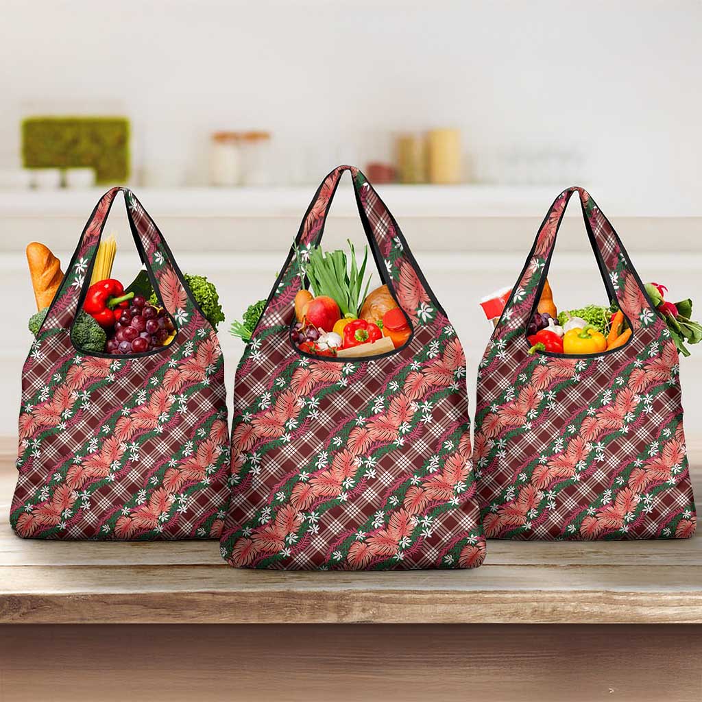 Polynesian Monstera Tiare Floral Grocery Bag Burgundy Tropical Plaid - Polynesian Pride