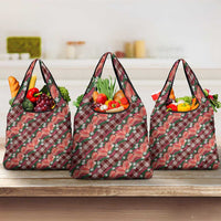Polynesian Monstera Tiare Floral Grocery Bag Burgundy Tropical Plaid - Polynesian Pride