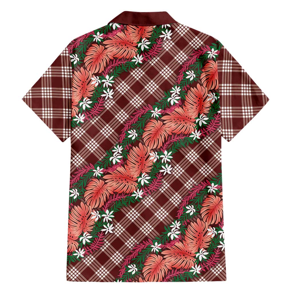Polynesian Monstera Tiare Floral Hawaiian Shirt Burgundy Tropical Plaid - Polynesian Pride