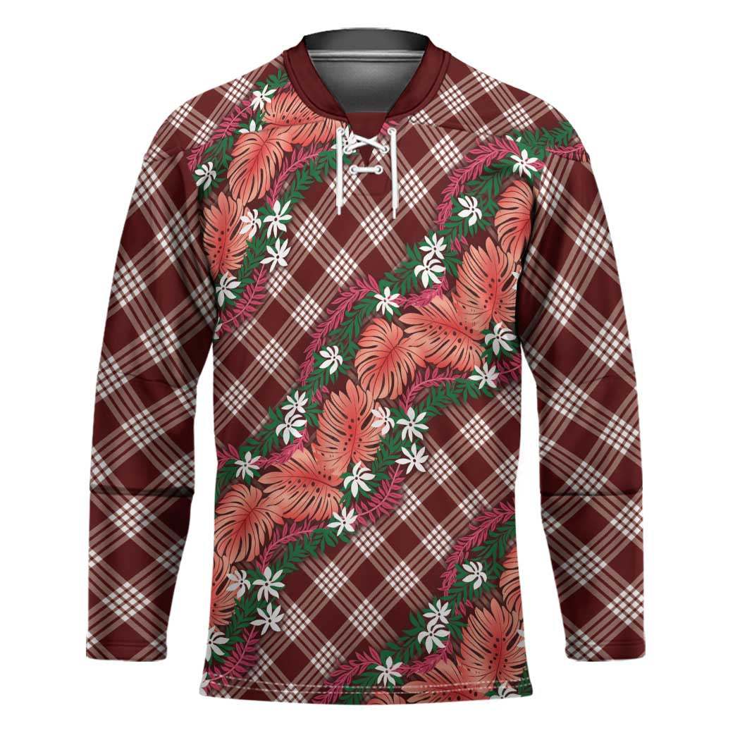 Polynesian Monstera Tiare Floral Hockey Jersey Burgundy Tropical Plaid LT01 Unisex Red - Polynesian Pride