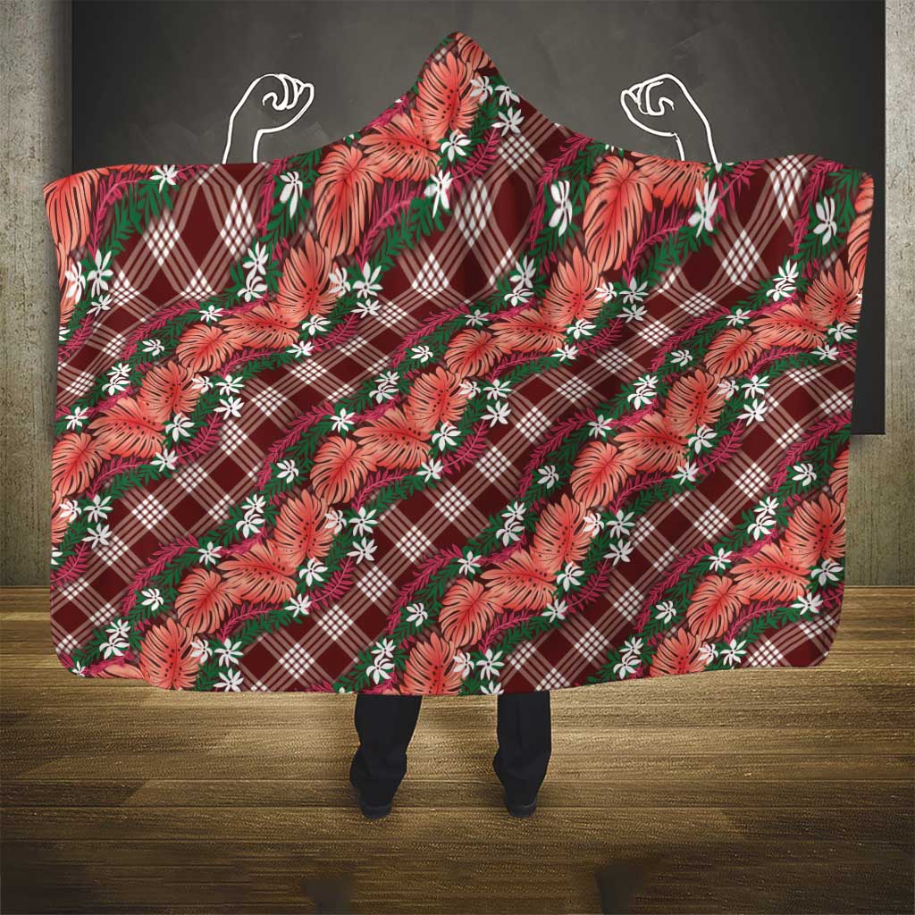 Polynesian Monstera Tiare Floral Hooded Blanket Burgundy Tropical Plaid - Polynesian Pride
