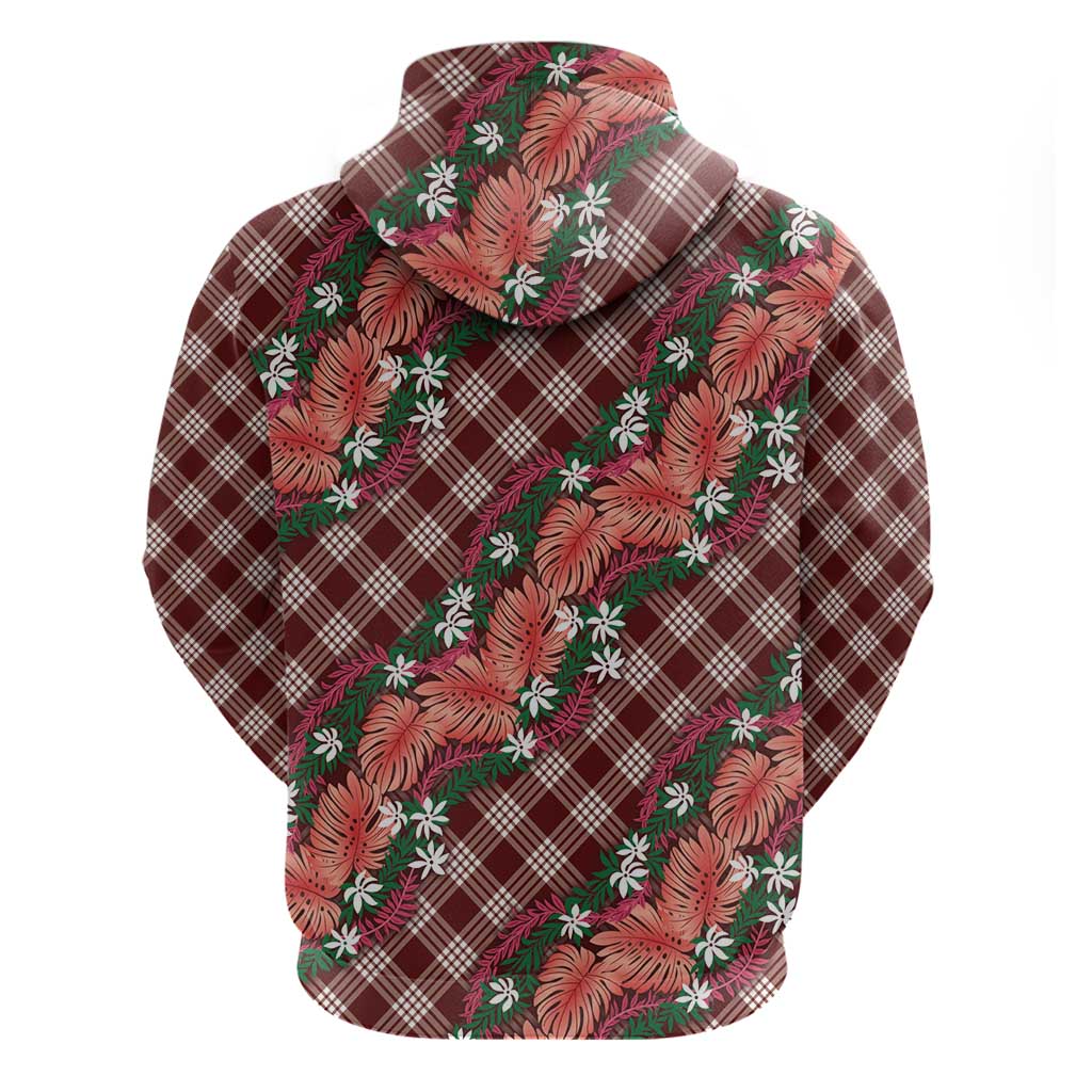 Polynesian Monstera Tiare Floral Hoodie Burgundy Tropical Plaid - Polynesian Pride