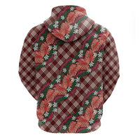 Polynesian Monstera Tiare Floral Hoodie Burgundy Tropical Plaid - Polynesian Pride