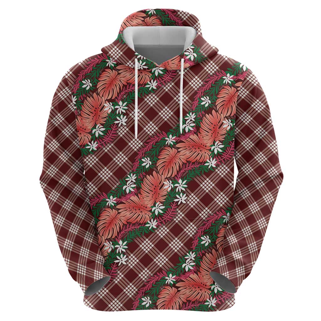 Polynesian Monstera Tiare Floral Hoodie Burgundy Tropical Plaid - Polynesian Pride